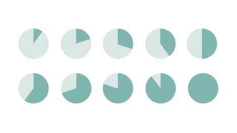 a set of simple, flat, animated pie charts. the graphs range from 10% to 100%.