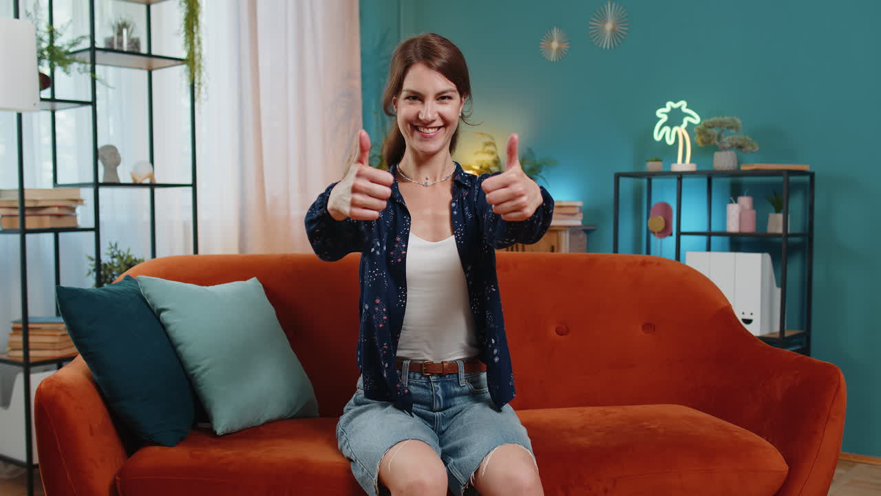 retrato de una mujer emocionada y sonriente mostrando los pulgares hacia arriba como un signo de retroalimentación positiva buenas noticias aprueban