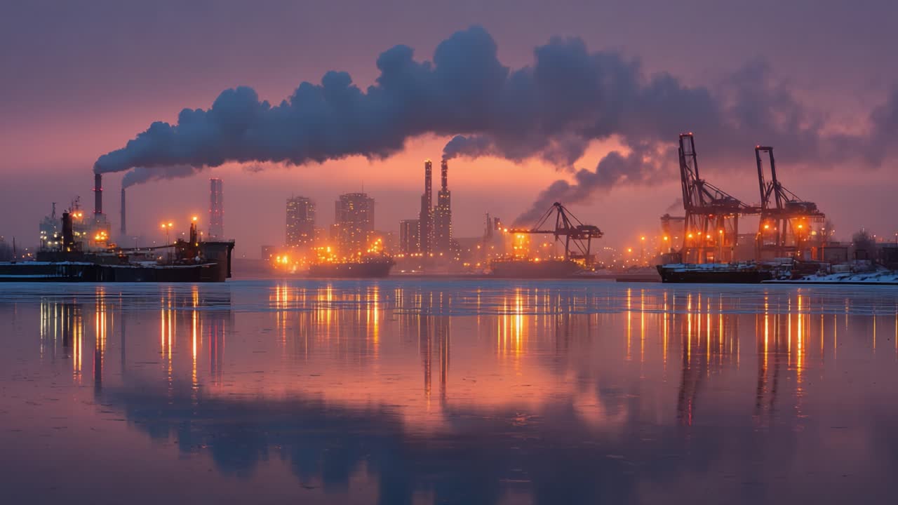 A Mesmerizing Nightscape of an Industrial Harbor Reflecting the Beautiful Glow of City Lights and Emitting Smoke Against a Deep Purple Sky