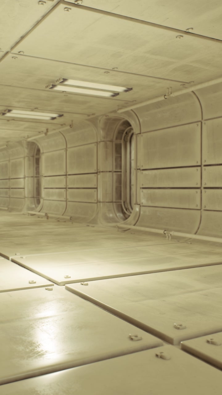 Desolate spaceship passage with metallic panels and eerie illumination