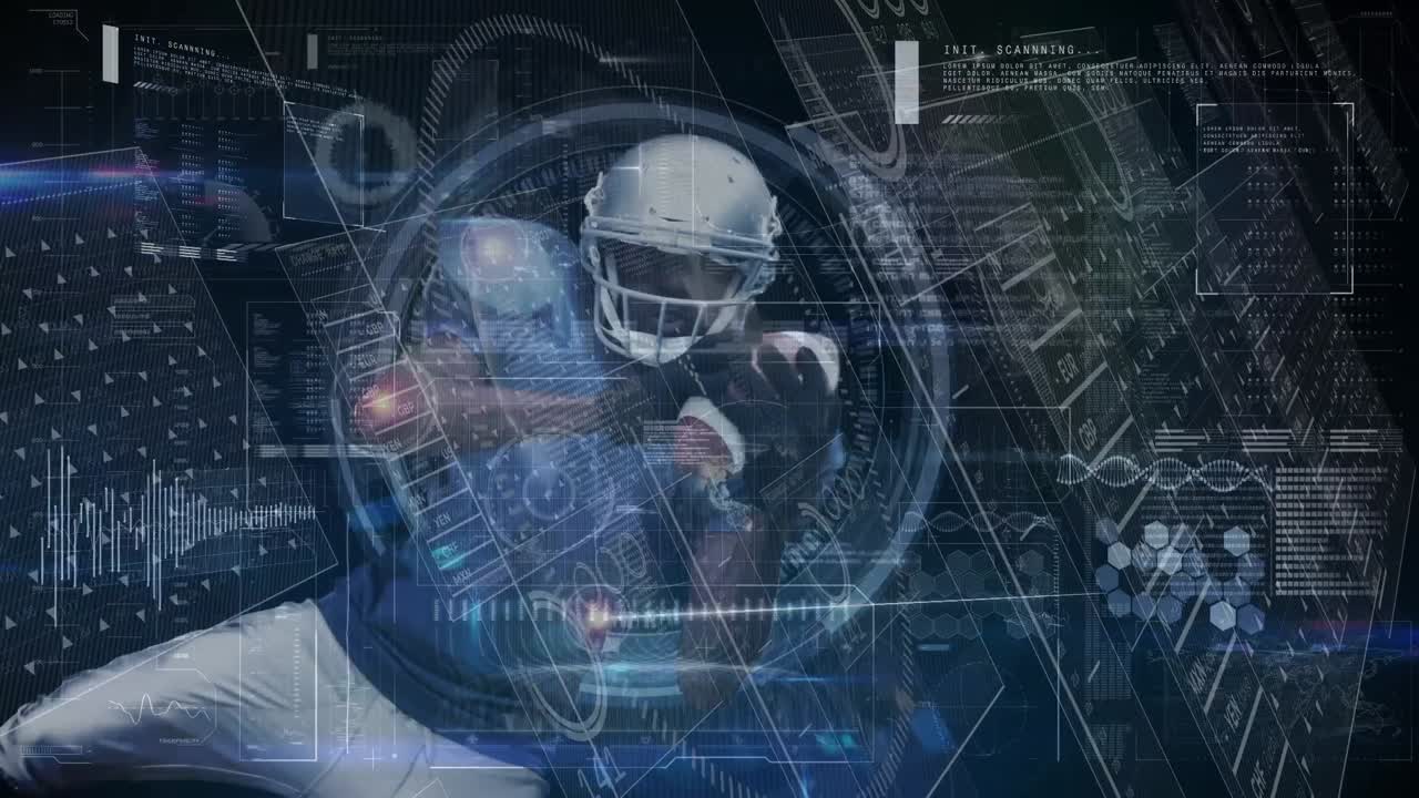 Animation of data processing over american football player on black background