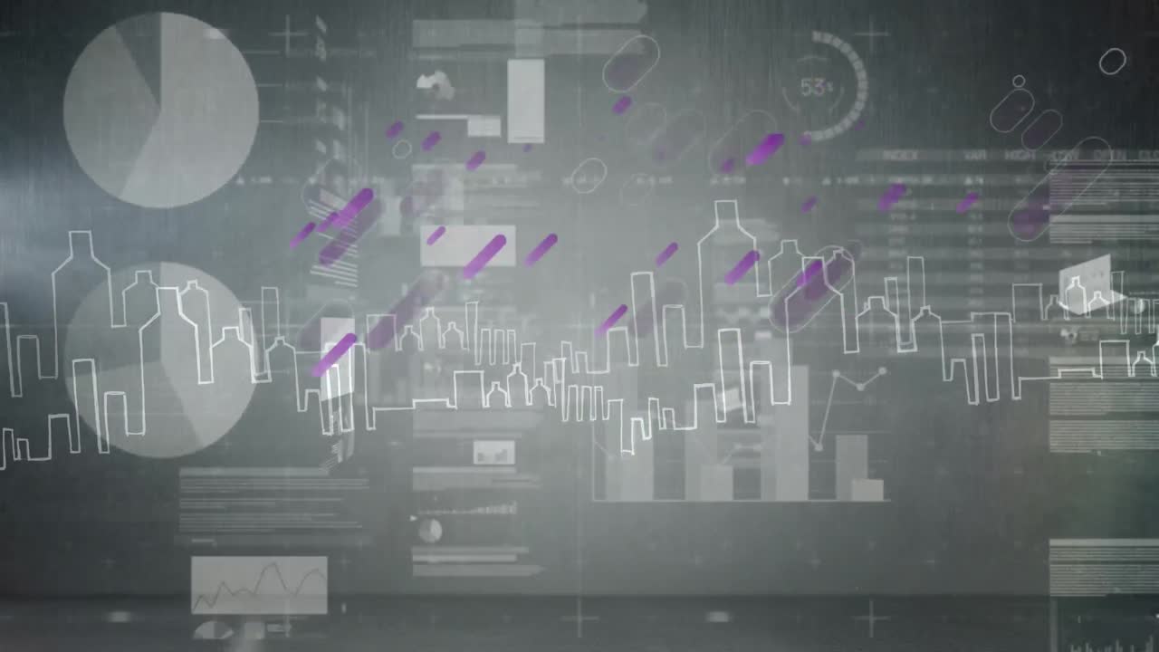 animación de estadísticas y procesamiento de datos sobre el paisaje urbano