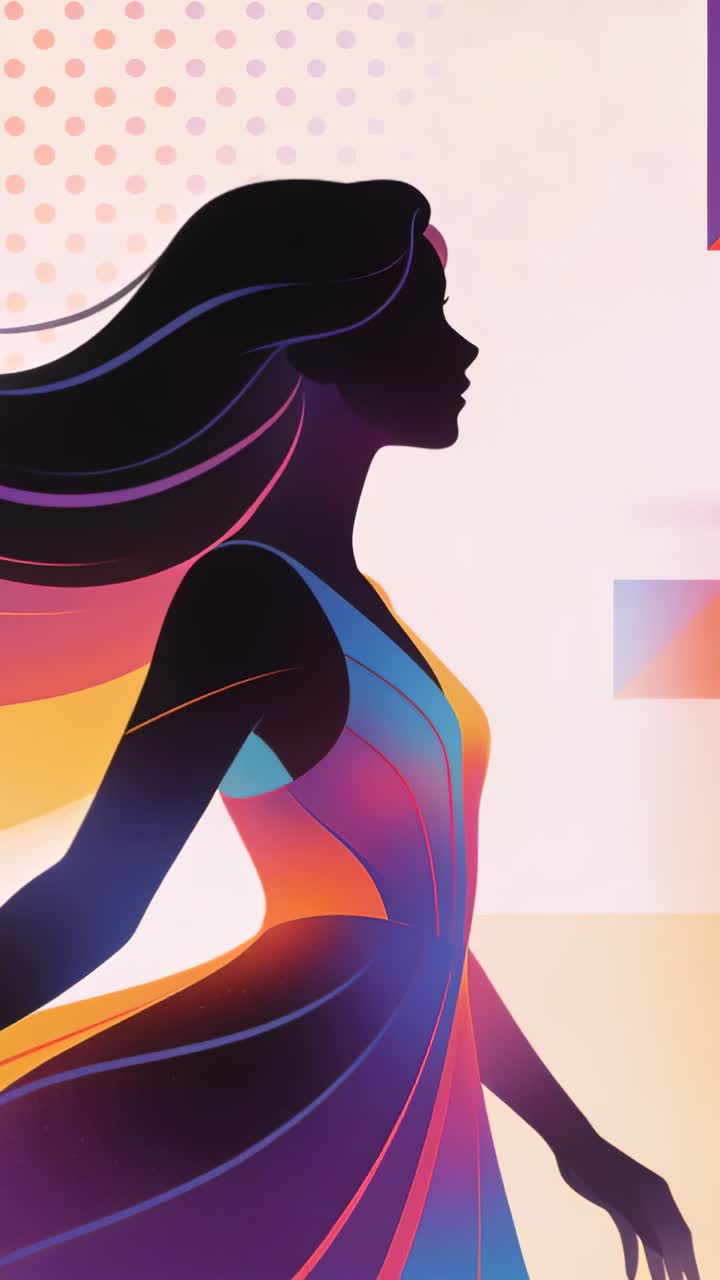 Video verticale: animazione che mostra una donna stilizzata che cammina a grandi passi in stile poster art, indossando un vestito vivace.
