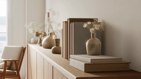 a minimalist wooden cabinet decorated with books and dried flowers in vases