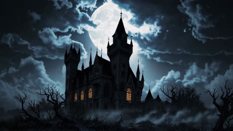 spooky castle under a full moon