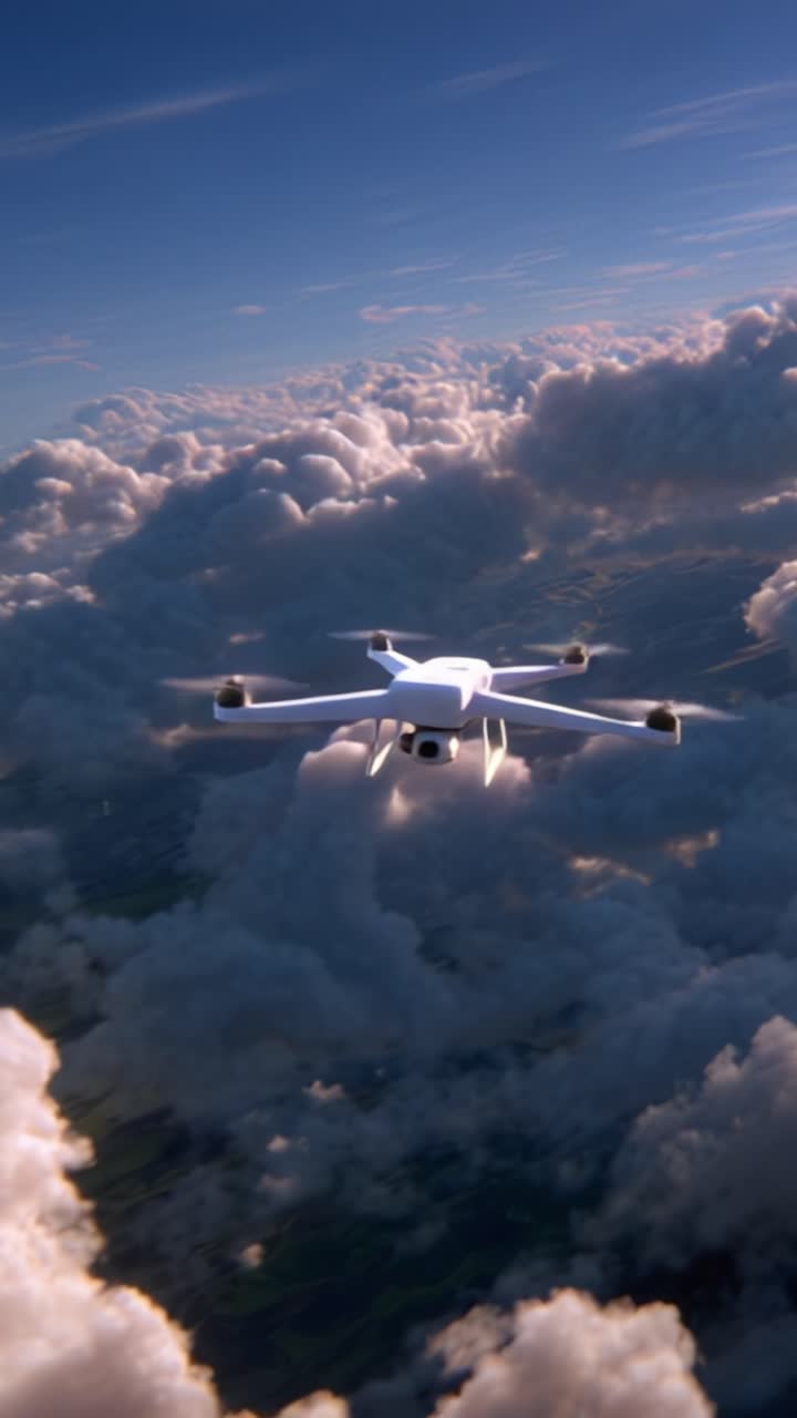 Luftfoto af en drone, der flyver gennem skyet himmel, fanget i fantastisk detalje, der viser avanceret teknologi og flyvningens skønhed i atmosfæren.