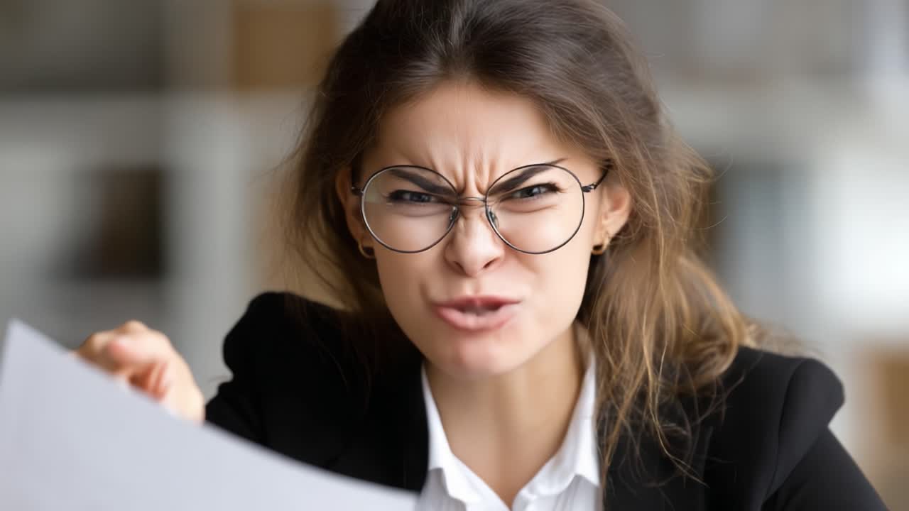A Young Woman Expressing Intense Anger and Frustration While Holding a Document, Capturing the Emotion of Conflict and Discontent in a Professional Setting