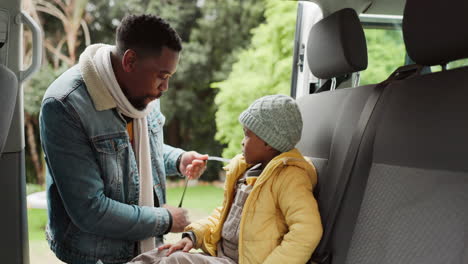 security, seatbelt and car with father