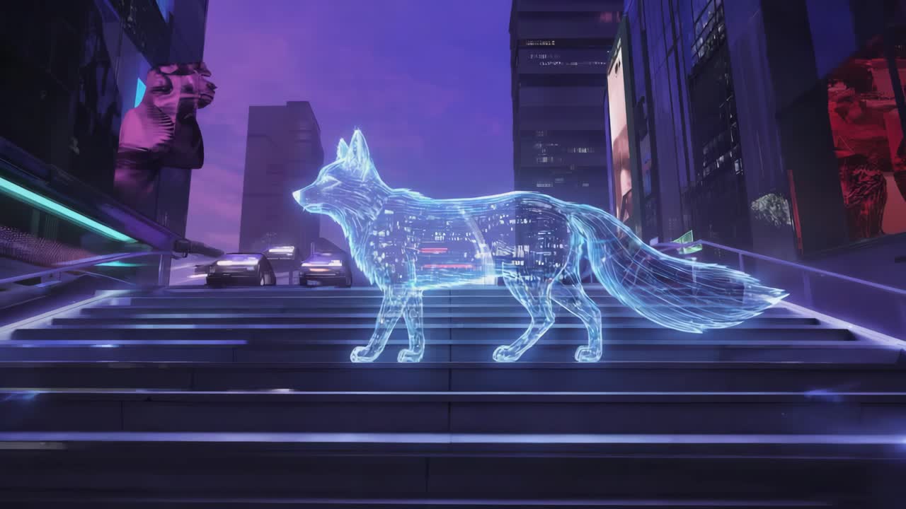 Holographic Fox in a Futuristic City
