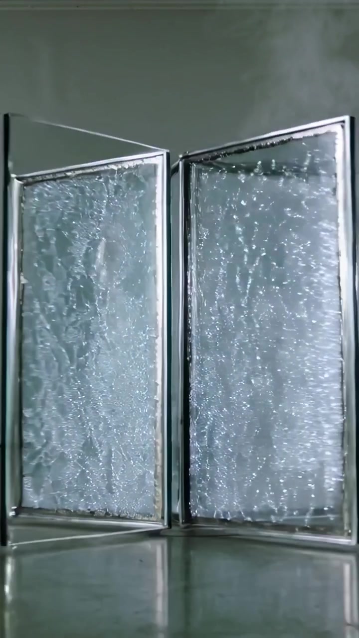 Vertical video: Pivoting hinges moving three glass panels in lab for testing droplets and steam
