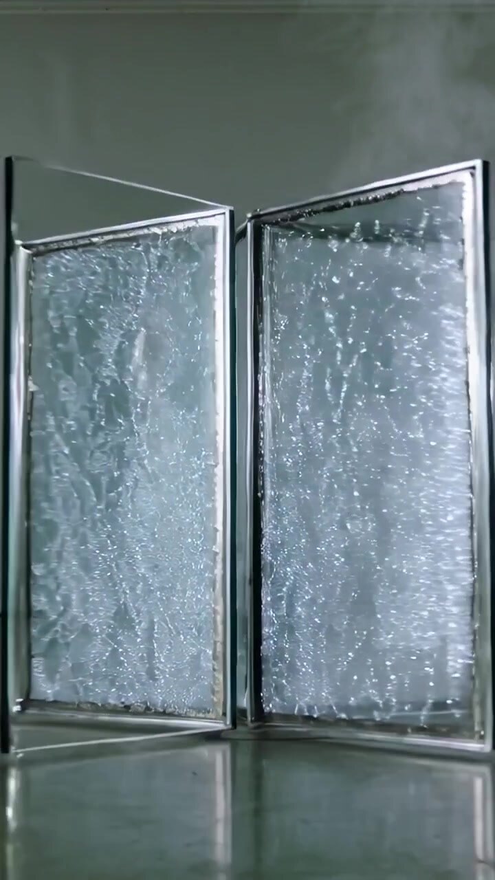 Vertical video: Pivoting hinges moving three glass panels in lab for testing droplets and steam