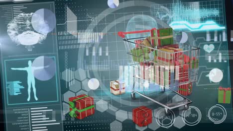 animation of financial data processing over shopping cart with presents