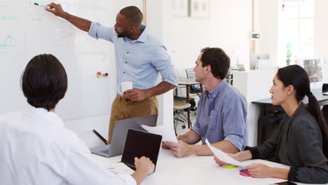 young black man using a whiteboard in an office meeting