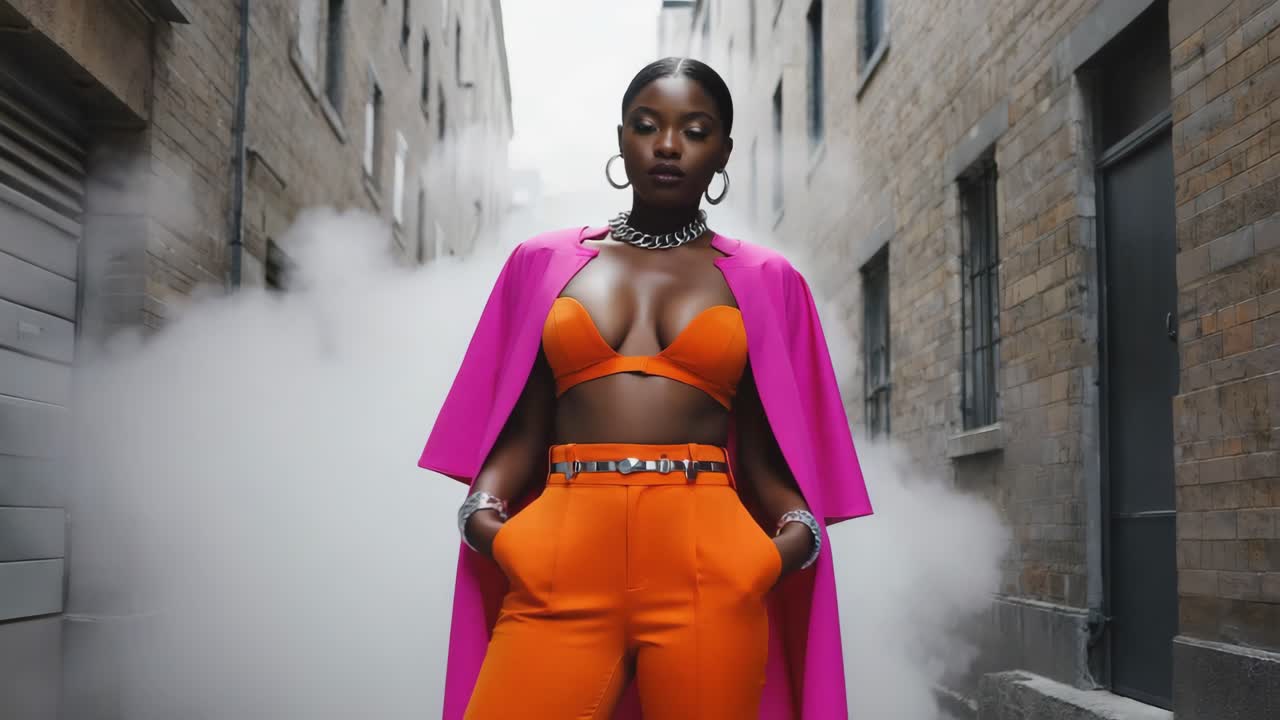 Fashionable woman in orange and pink outfit with cape