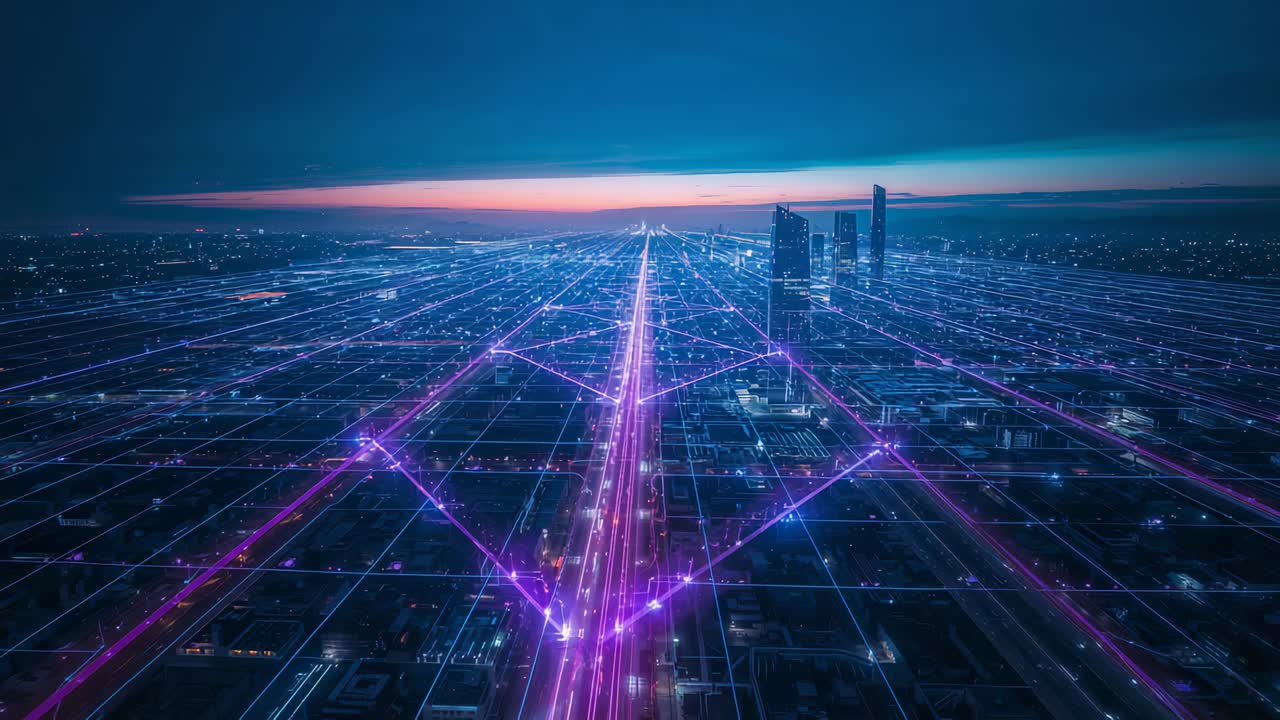 Pulsing magenta neon blue grid axis urging purple nodes sending traces over dusk city, guiding flow