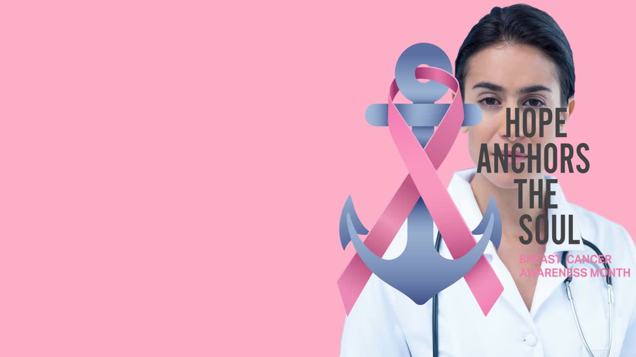 animación de concientización sobre el cáncer de mama texto sobre una doctora biracial sonriente en un fondo rosa