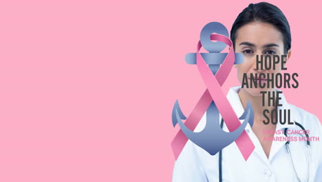 animation of breast cancer awareness text over smiling biracial female doctor on pink background