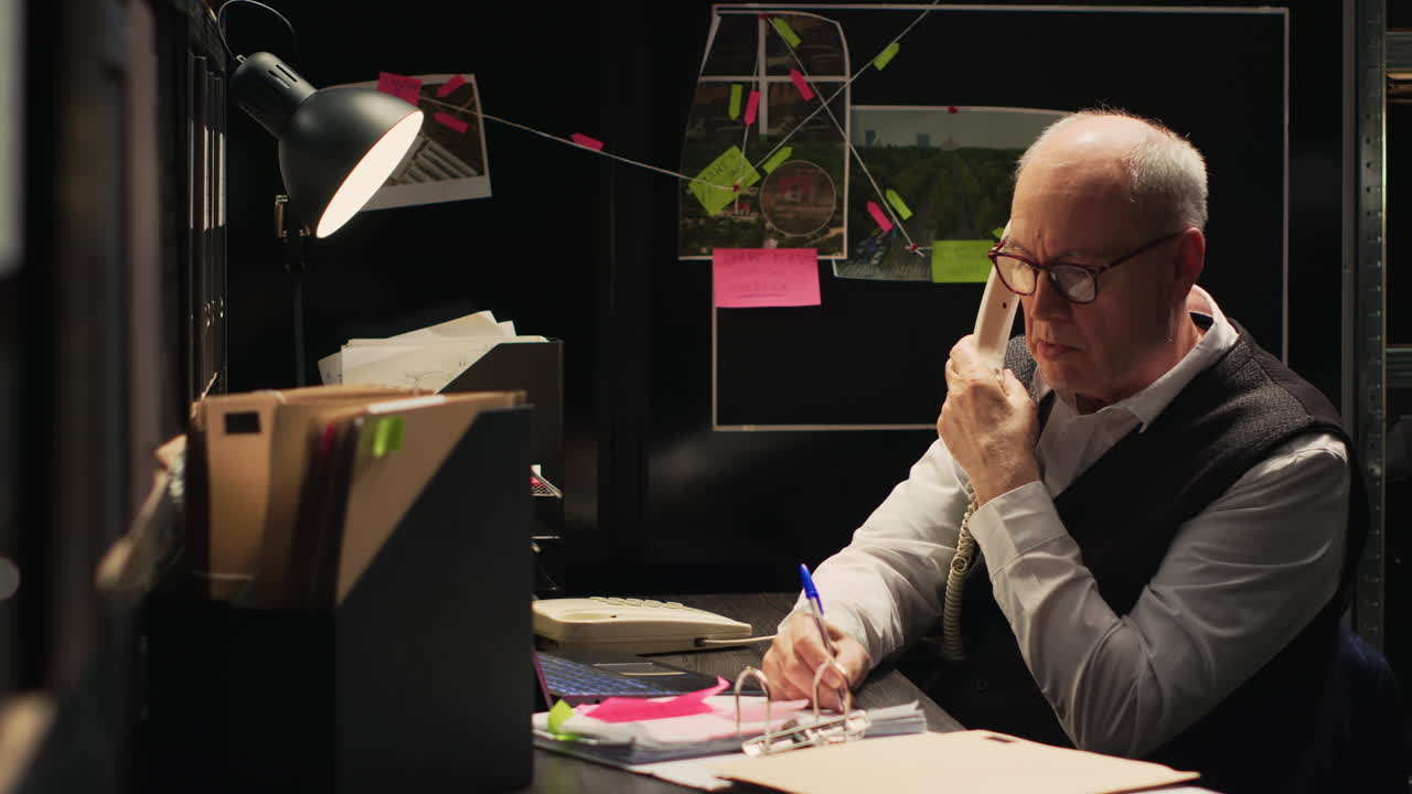 Detective al lavoro su un caso alla sua scrivania