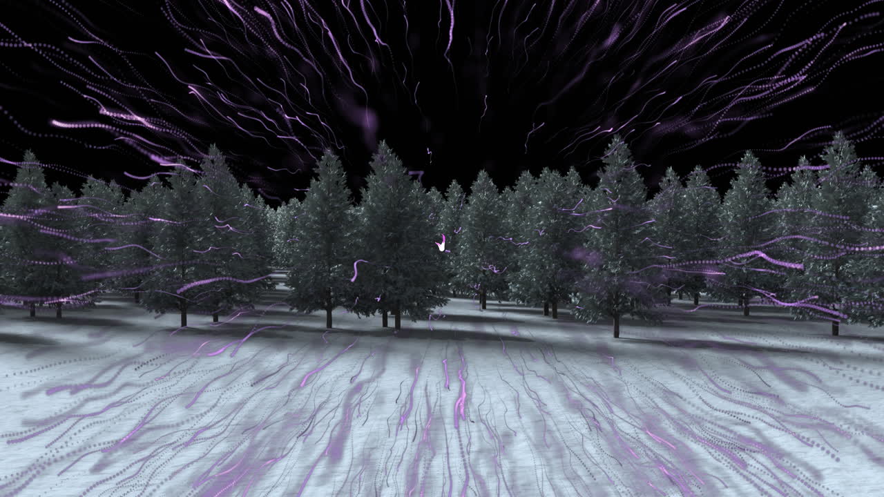 Purple light trail bursting over multiple trees on winter landscape against black background
