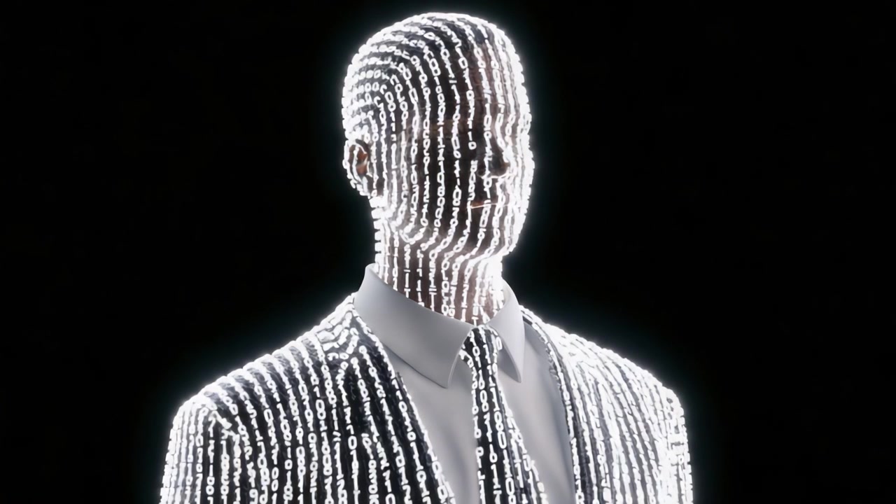 Una sorprendente rappresentazione visiva dell'identità digitale, che mostra una figura composta da codice binario a cascata, illustrando l'intersezione tra tecnologia e umanità