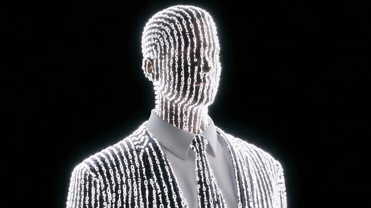 A striking visual representation of digital identity, showcasing a figure composed of cascading binary code, illustrating the intersection of technology and humanity.
