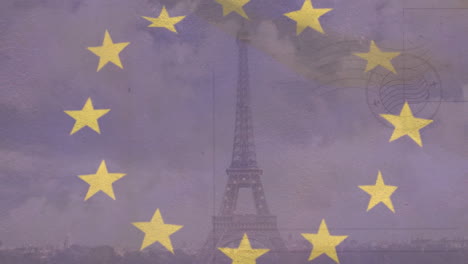 animation of flag of european union over eiffel tower and landscape