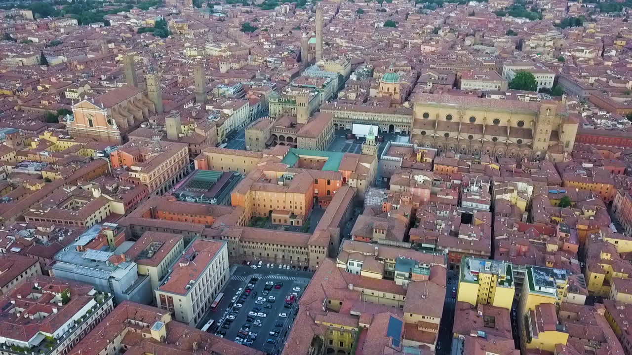 Aerial View Of Piazza Maggiore In The Metropolitan City Of Bologna, Italy.