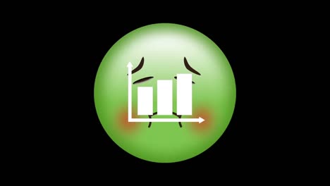 digital animation of bar graph icon over green sick face emoji against black background