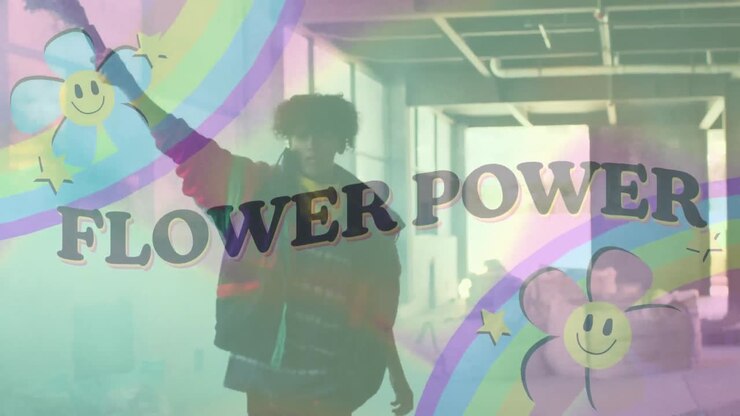 Animation of flower power text with rainbow and flowers over man running with smoke bomb