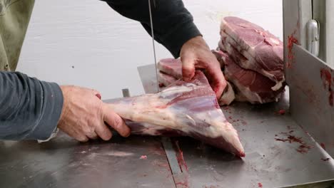 butcher using meat band saw to slice steaks from a leg of wild game