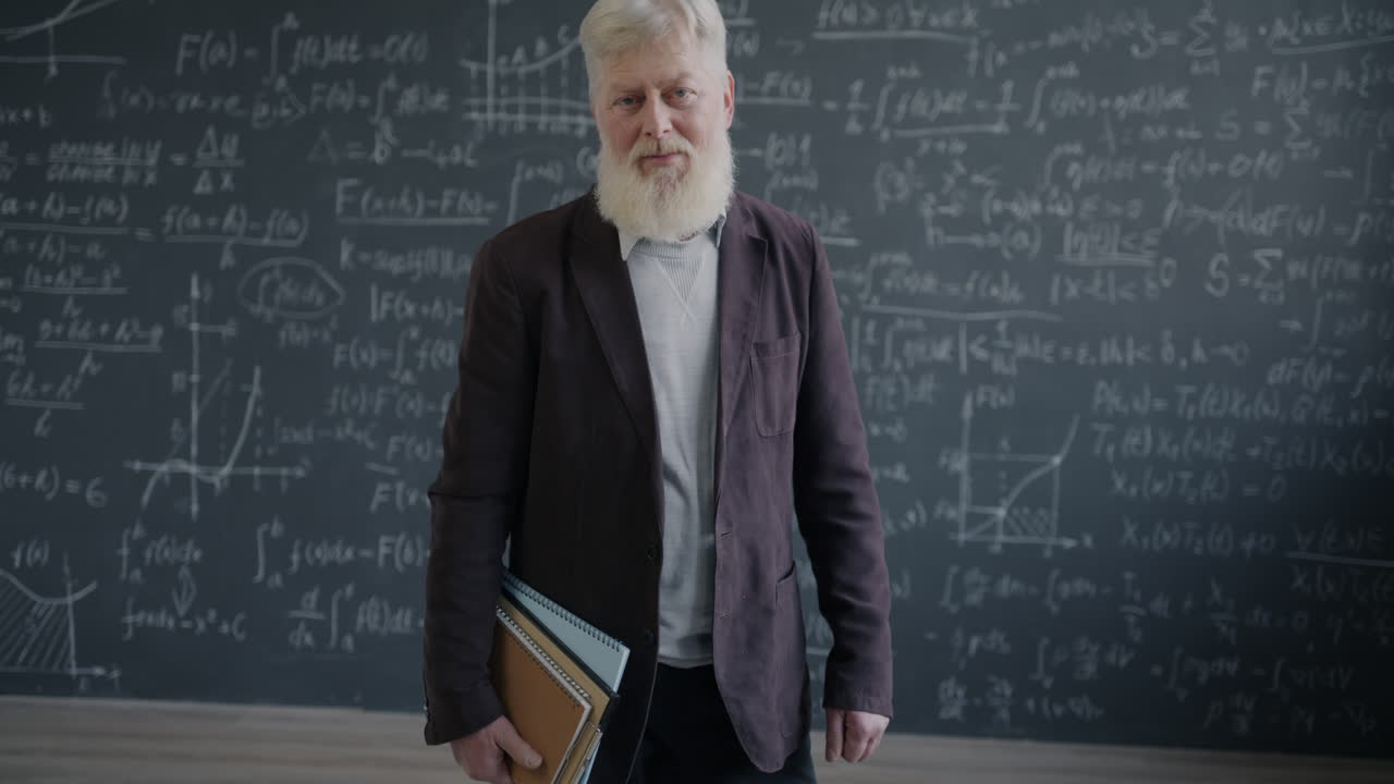 Teacher in front of a chalkboard filled with math equations