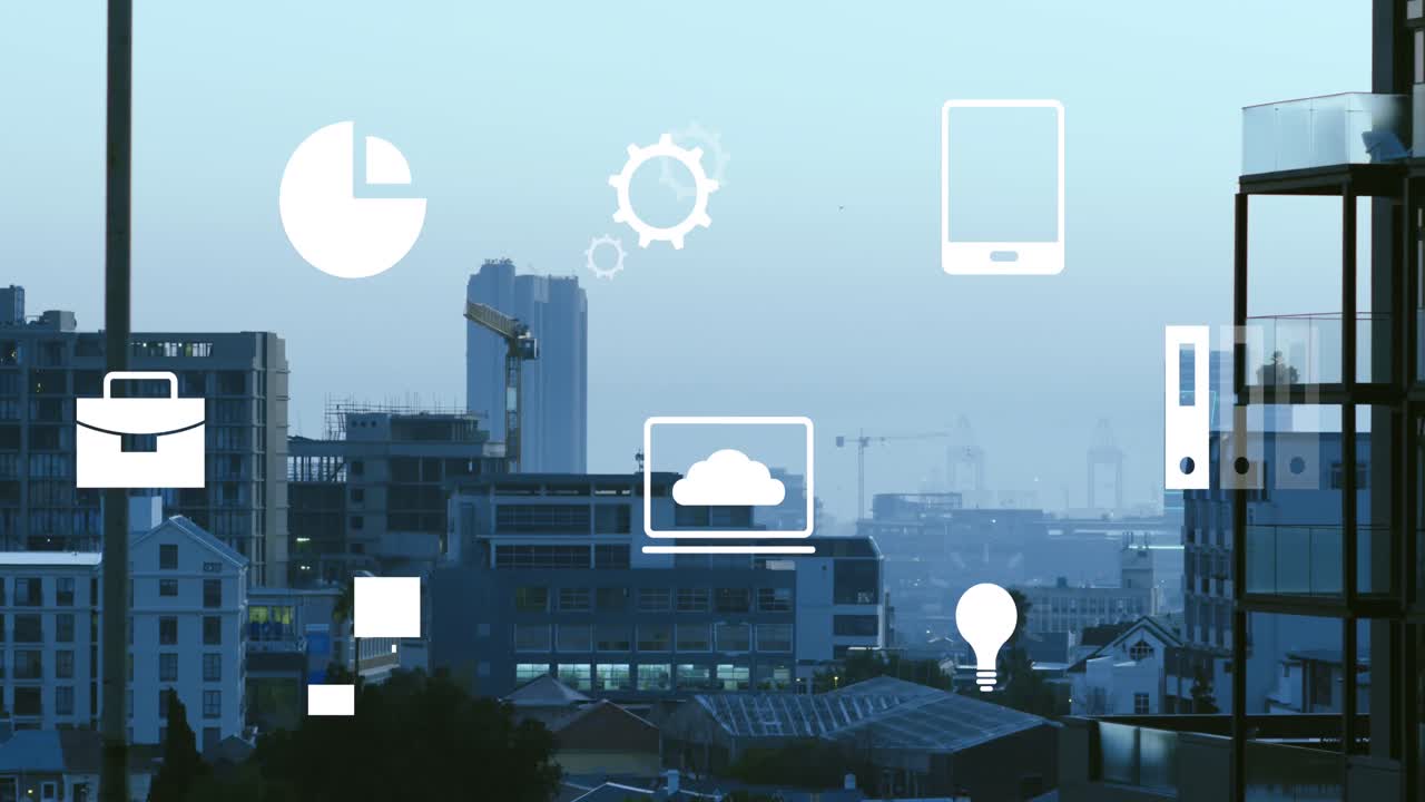 여러 디지털 아이콘이 도시 풍경의 공중 전망에 대해 떠다니는 애니메이션