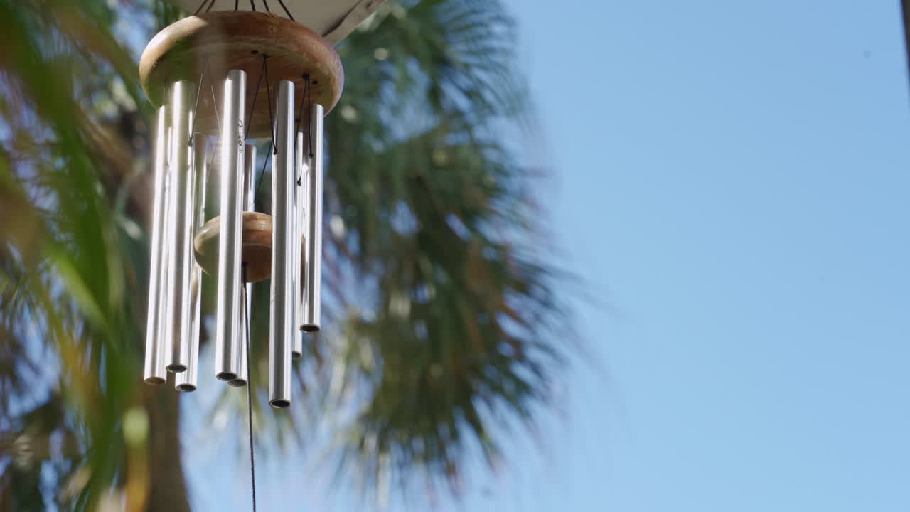 Vista rilassante di un carillon a vento con palme sullo sfondo, in una piacevole scena tropicale ed estiva in Florida