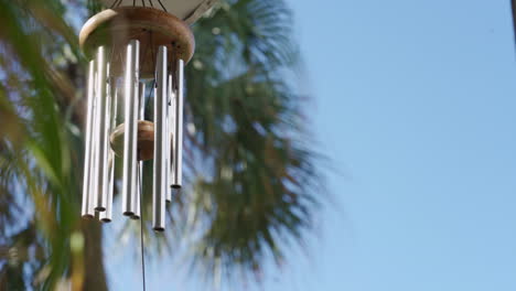 calming and relaxing view of a wind chime with some palm trees in the background, in a nice, tropical and summery scene in florida