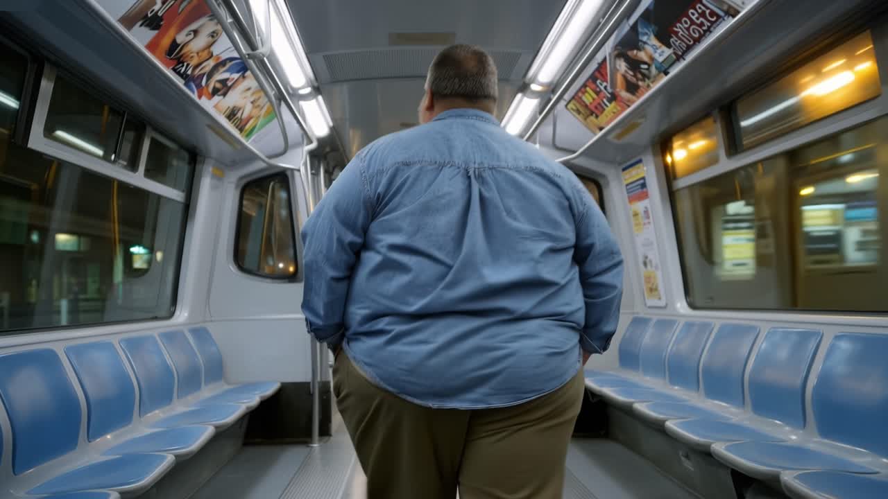 Overhead lights shine on a heavy man's back. He walks alone down a subway car aisle. Blue seats flank him on both sides. His shoulders hunch with each step. No emotion shown, just quiet movement