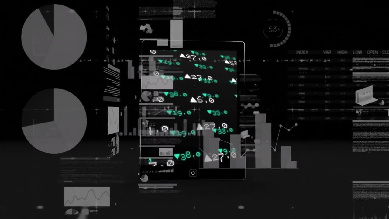 Animation of digital tablet with statistical data processing against black background