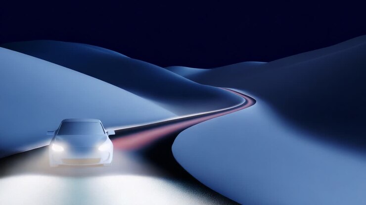 A Journey Through an Enigmatic Landscape: Exploring the Mysterious Path Illuminated by a Vehicle's Headlights on a Serene Night in a Minimalist, Dreamlike Environment