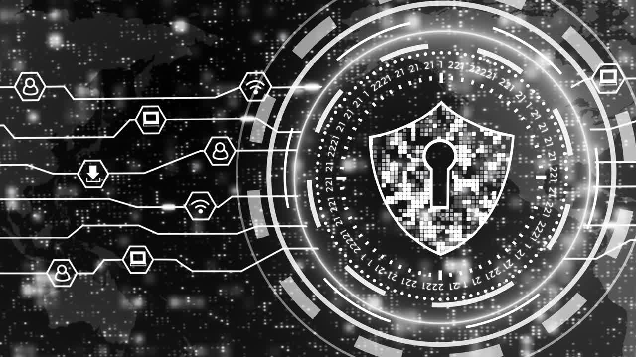 Network data protection cyber security lock shield. Motion graphics with glowing internet user icons. Looped animated black background with world map.