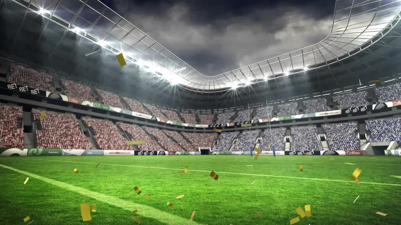 Confetti falling over illuminated soccer stadium with green field and empty stands