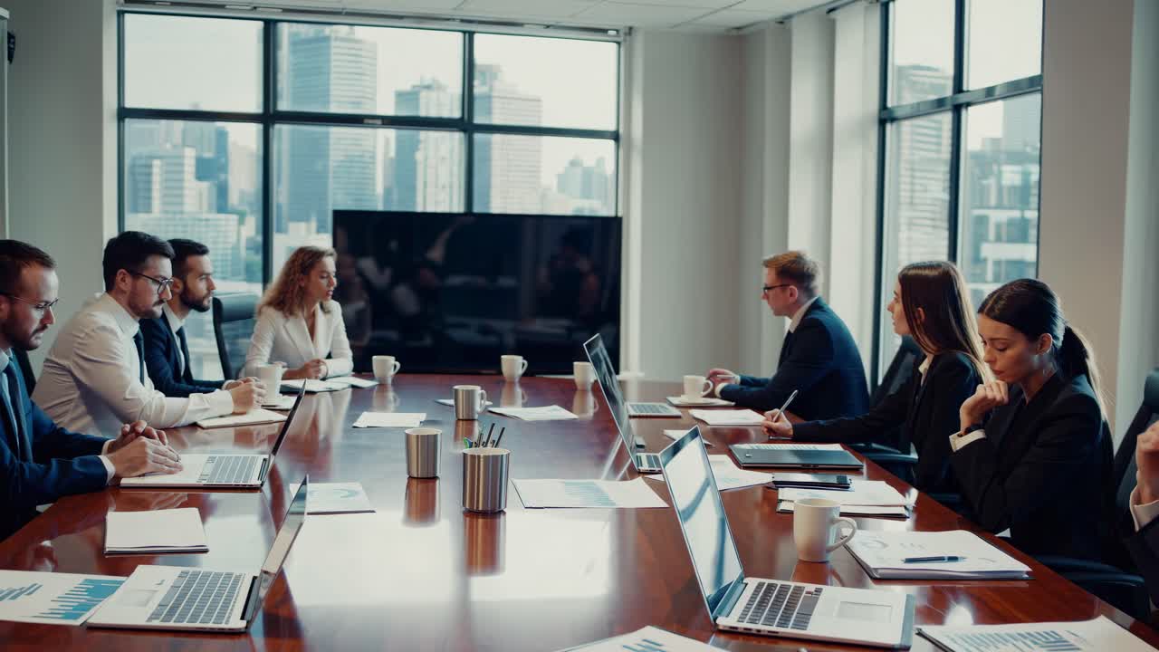 A professional video captures a diverse team in a modern conference room, shot from a wide angle