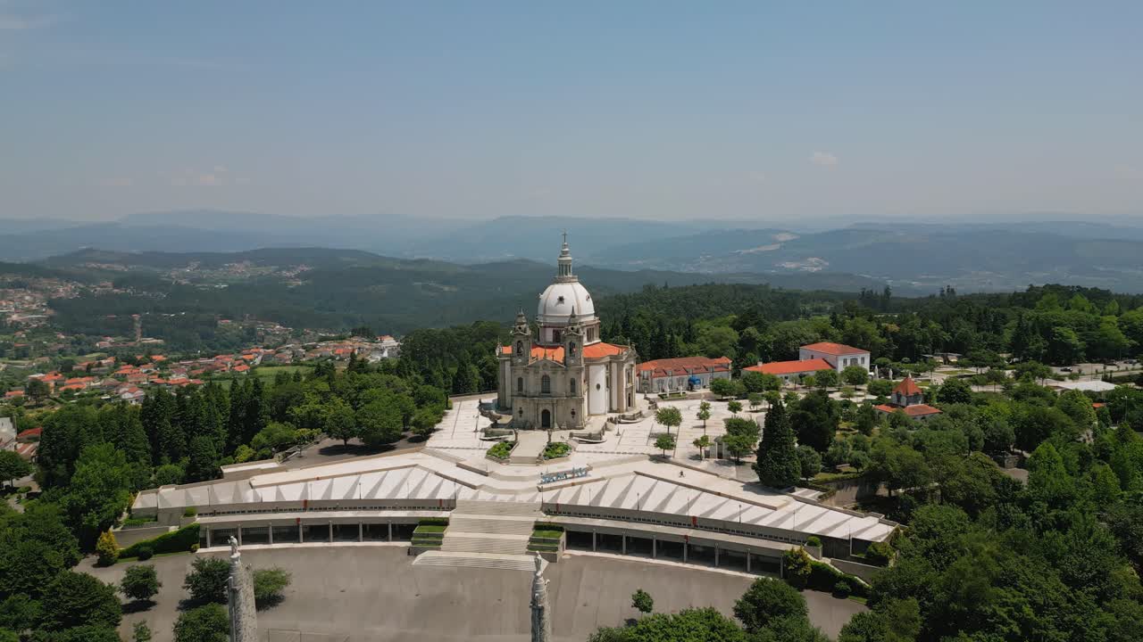 aerial view: Sameiro Sanctuary's gleaming dome amidst Braga's verdant landscape