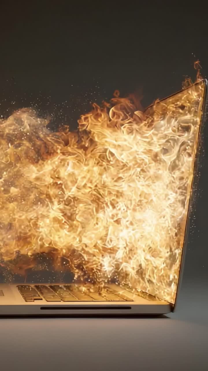 En eksplosiv demonstration af kreativitet: En bærbar computer eksploderer i et flammende inferno, der fanger den intense energi og vitalitet af digitalt udtryk i bevægelse