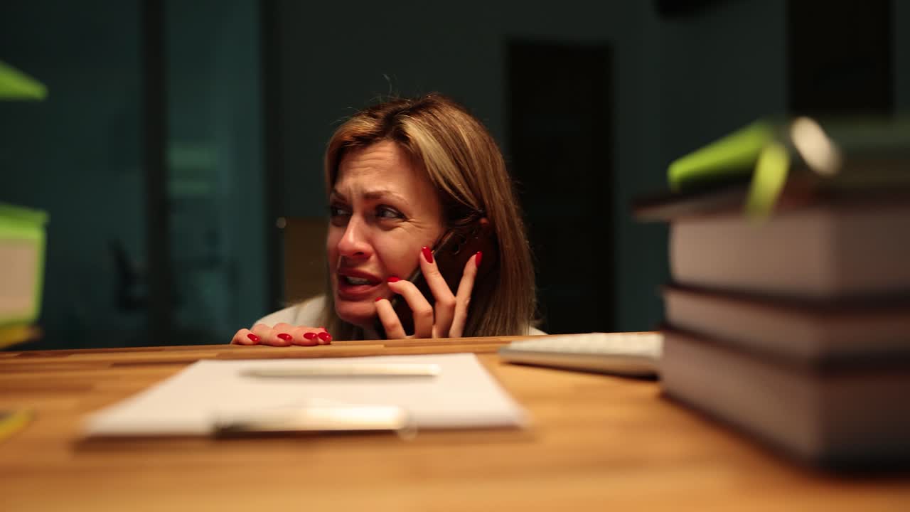 Woman crying during phone call at desk