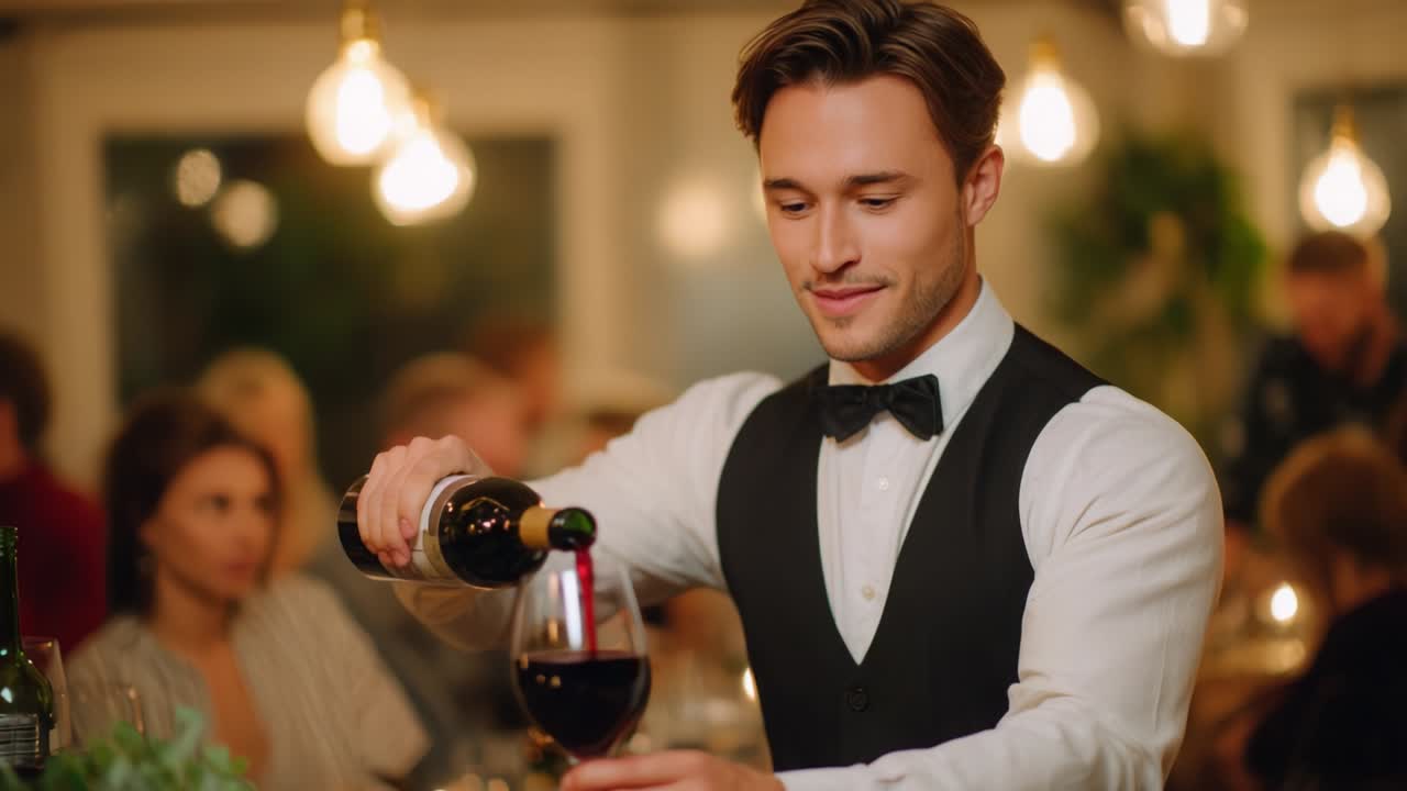 A Polished Waiter in Formal Attire Skillfully Pours Red Wine into a Glass at a Tasteful Dining Setting, Highlighting the Atmosphere of Elegance and Fine Dining Experience Around Him