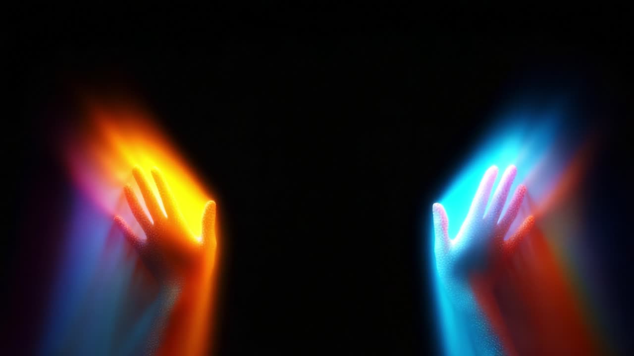 Illuminated Hands Reaching Through Light: A Captivating Visual Journey of Color, Texture, and Ethereal Beauty Captured in Two Frames Exploring the Chiaroscuro of Human Expression