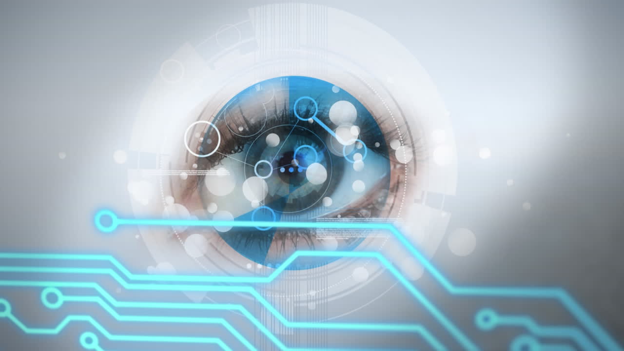 conexiones de microprocesador y puntos de luz contra el primer plano del ojo femenino