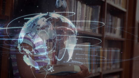 animation of digital globe over african american schoolgirl reading book