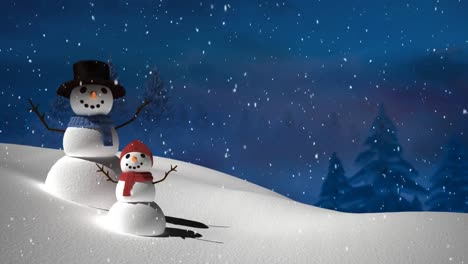 Digitale-Animation-Von-Schnee,-Der-über-Weiblichen-Und-Kleinen-Schneemann-In-Der-Winterlandschaft-Fällt