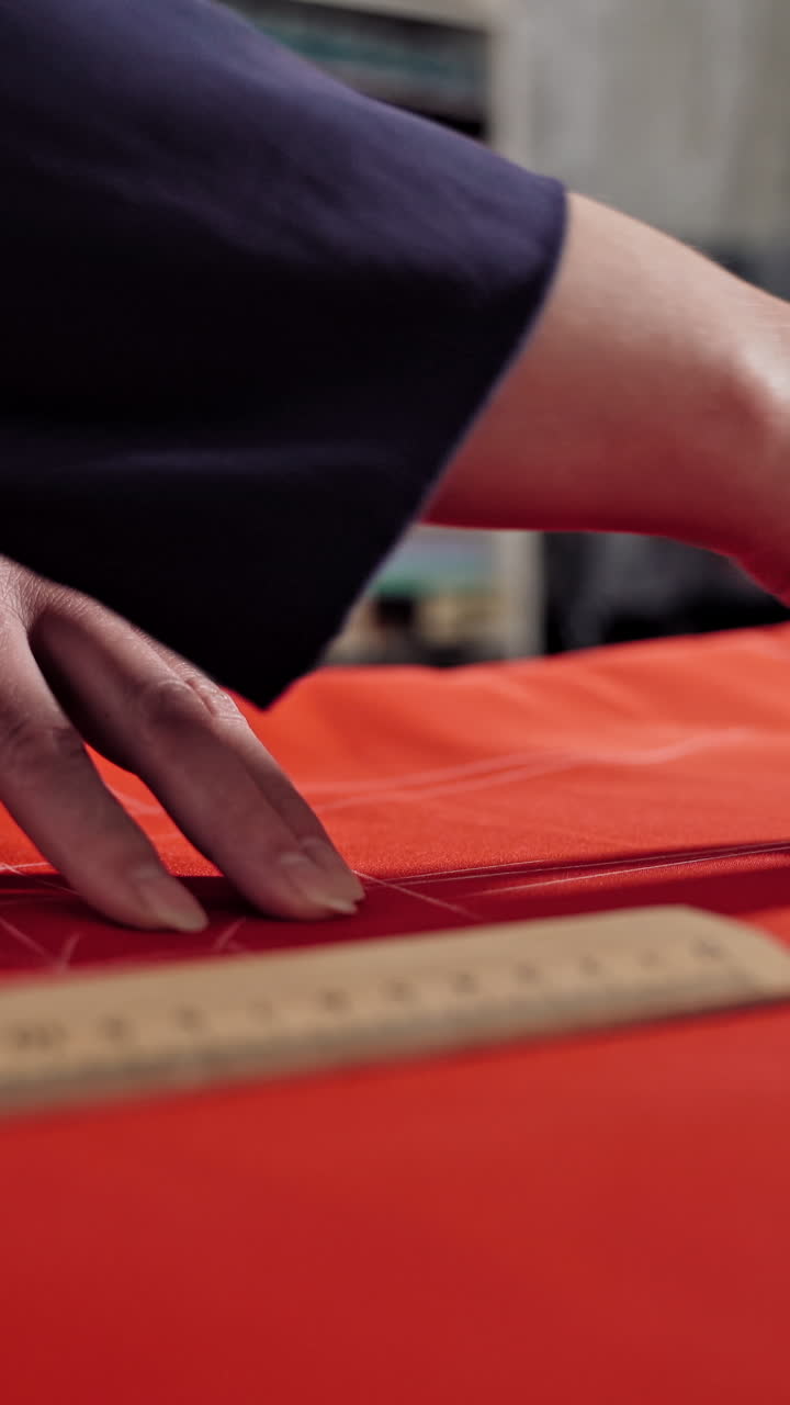Seamstress making pattern on fabric. Dressmaker working at desk pointing with pattern Vertical video