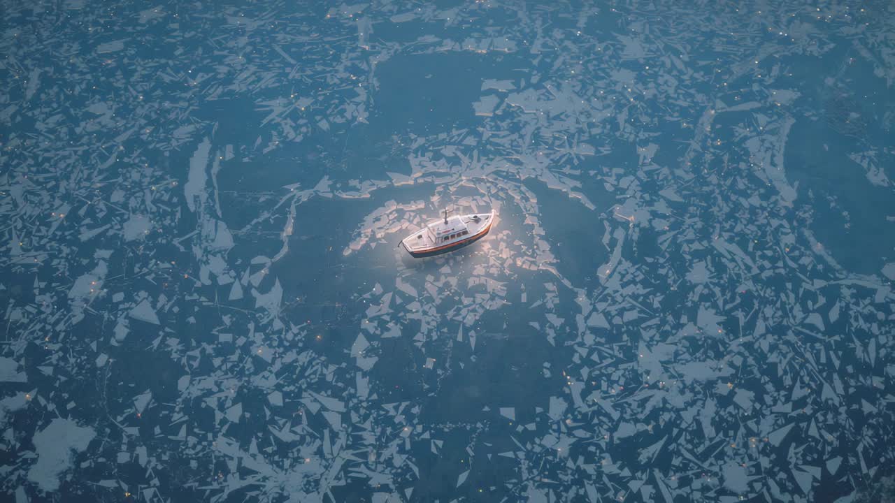 Drifting small white motorboat holding position amid broken sea ice while drone recording deck halo